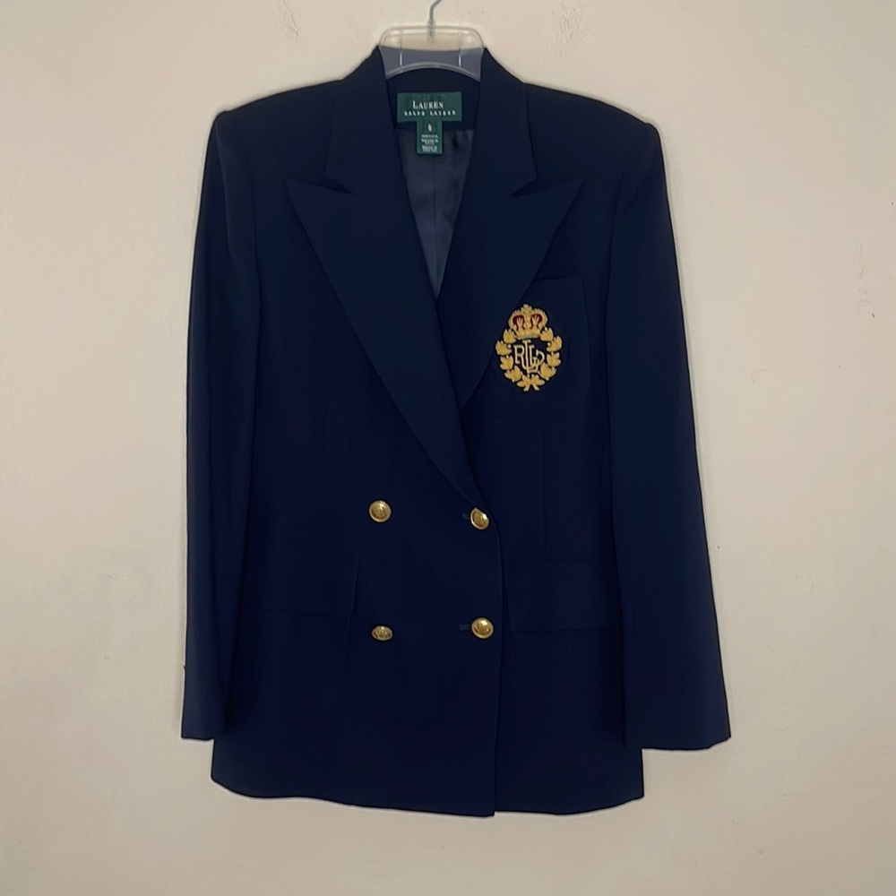 Vintage Lauren Ralph Lauren 90's Crest Navy Double Breasted Wool Blazer …